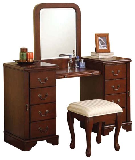 Cherry Louis Philipe 3 Pc Make Up Table Bench Mirror 8 Drawers Large
