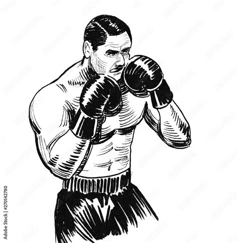 Strong Boxing Man Ink Black And White Drawing Stock Illustration
