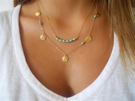 Gold Teardrop Turquoise Multi Layered Dainty Necklace On Luulla