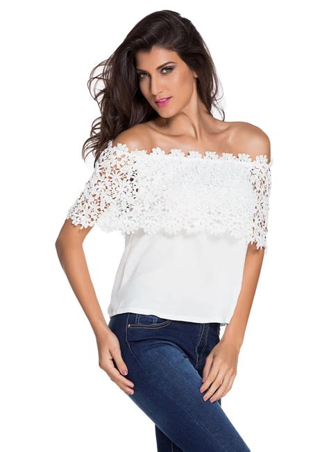 Only Us1589 White Lace Spliced Off Shoulder Chiffon Top