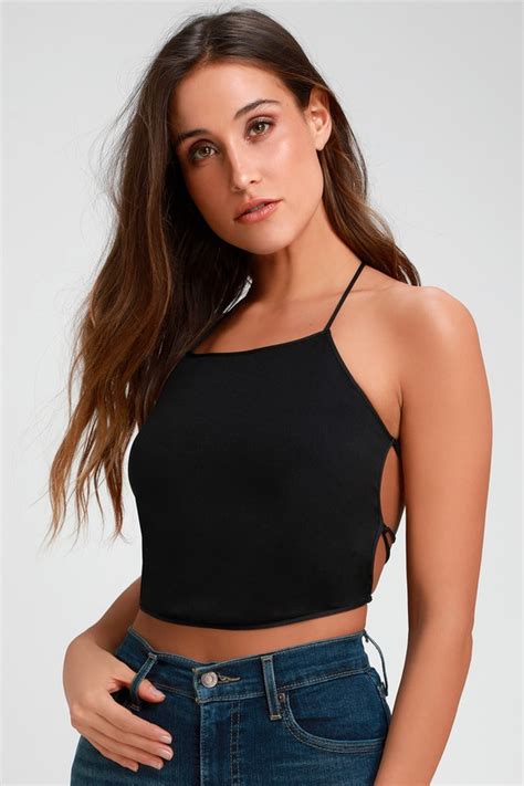 Intrigue Black Lace Up Crop Top Stretchy Crop Tops Crop Tops High