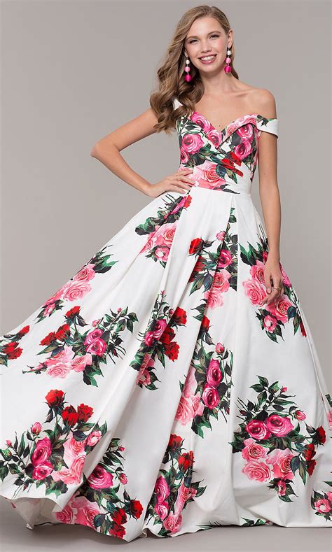 Jvn By Jovani Off Shoulder Print Prom Dress Promgirl Floral Print Prom Dress Printed Prom