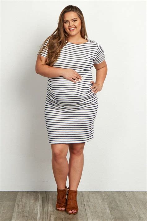 Ivory Navy Striped Fitted Short Sleeve Plus Size Dress Plus Size