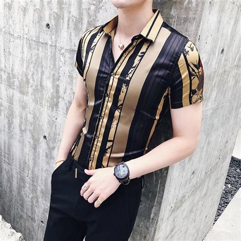 Luxury Gold Black Shirt Striped Short Sleeve Shirt Short Sleeve
