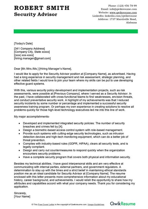 Security Advisor Cover Letter Examples Qwikresume