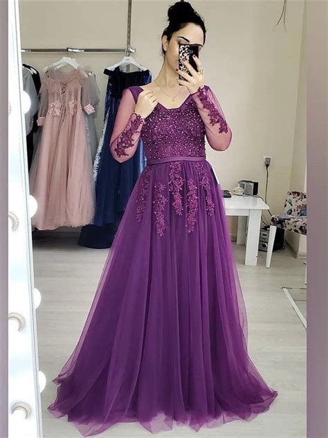 Purple Long Sleeves Tulle With Lace Bemybridesmaid Prom Dresses With Sleeves Purple Evening
