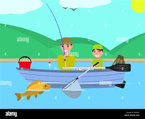 Vector Cartoon Father Son Together Fishing Boat Stock Vector Image
