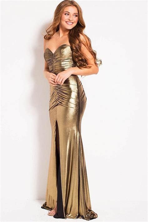 Jovani 51552 Strapless Gold Metallic Ruched Fitted Dress Gold