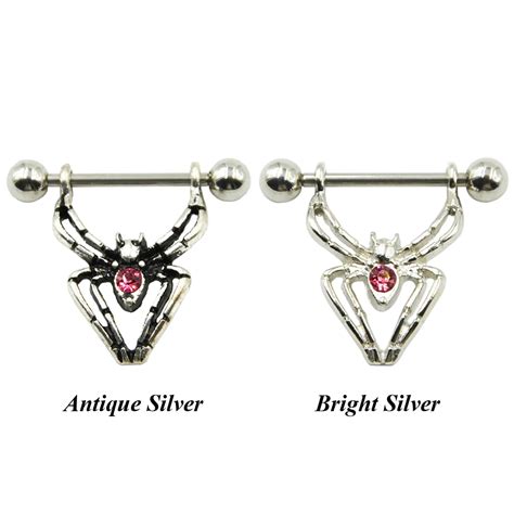 Pair Surgical Steel Bright And Antique Spider Nipple Stirrup Barbell Rings Shield Piercing