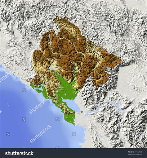 Montenegro Shaded Relief Map With Major Urban Areas Surrounding