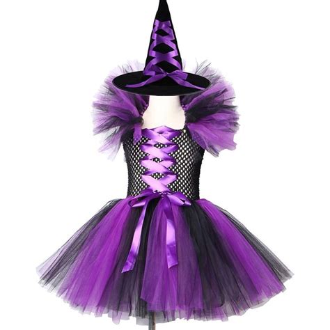 Purple Black Girls Witch Tutu Dress With Hat Kids Halloween Cosplay