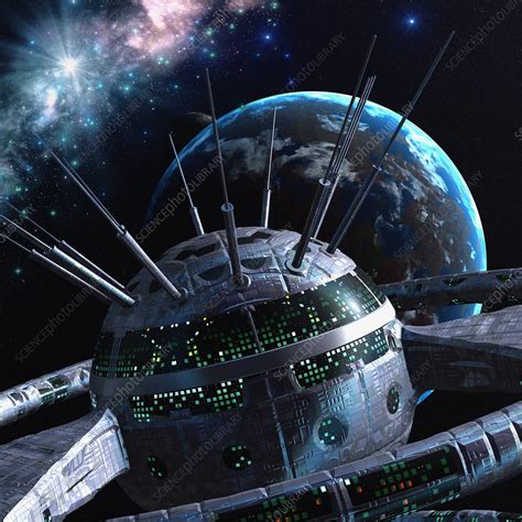 Space Station Orbiting Alien Planet Illustration Stock Image F032