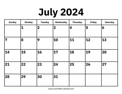 July 2024 Calendar A Printable Calendar