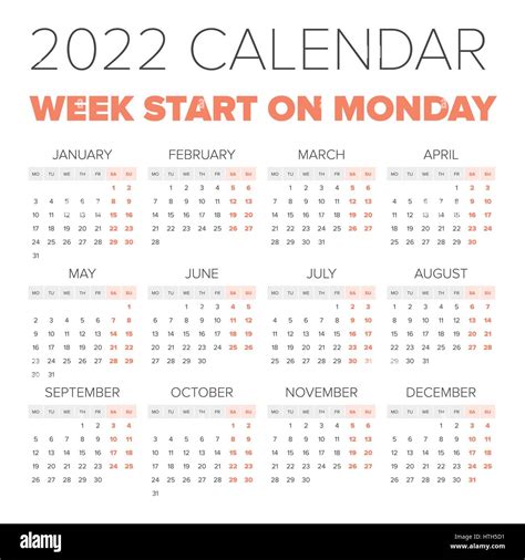 Simple 2022 Year Calendar Week Starts On Monday Stock Vector Image Riset