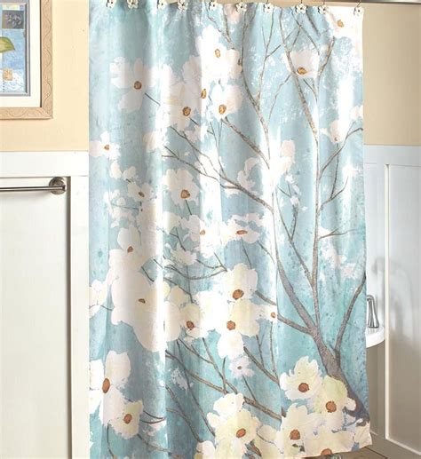 Blue Floral Shower Curtain Fabric Gray White Dogwood Tree