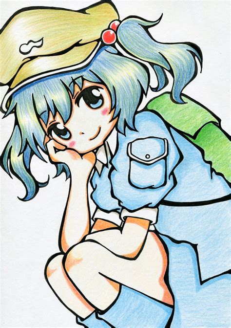 safebooru 1girl arm support blue eyes blue hair hat highres kawashiro nitori meme tan bana