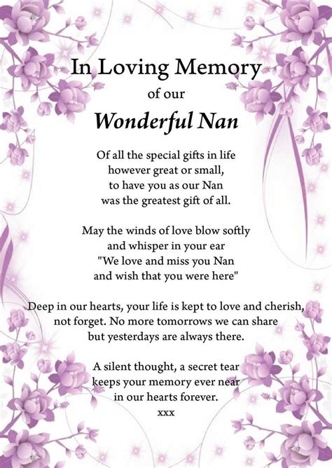 Nan In Loving Memory Print Miss You Nan Funeral Poem Etsy Funeral