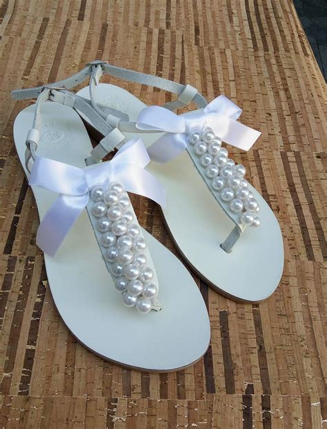 White Wedding Sandals With White Pearls And Bow Pearl Sandals Beach