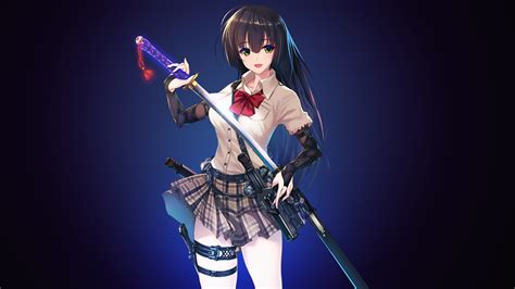 Fondos De Pantalla Pelo Largo Anime Chicas Anime Ojos Verdes Arma Azul Falda Espada