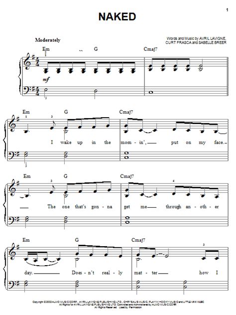 Naked Sheet Music Avril Lavigne Easy Piano