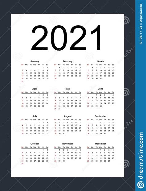 Calendario 2021 La Semana Comienza A Partir Del Domingo Plantilla De Negocio Ilustración Del