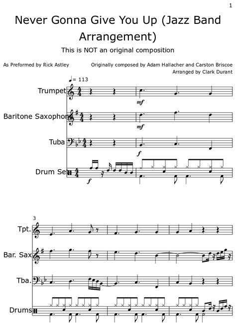 Never Gonna Give You Up Jazz Band Arrangement Sheet Music For