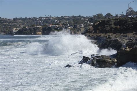 High Tide Coastal Waves Hitting The La Jolla California Shore Stock