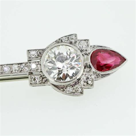 Art Deco Unheated Burmese Ruby European Cut Diamond Platinum Bar Brooch