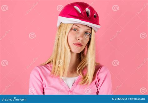 Sport Lifestyle Beautiful Woman In Cyclist Helmet Blonde Girl In Biking Protective Helmet