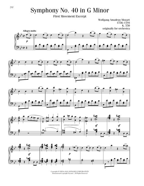 Symphony No 40 In G Minor First Movement Excerpt Sheet Music Wolfgang Amadeus Mozart Piano