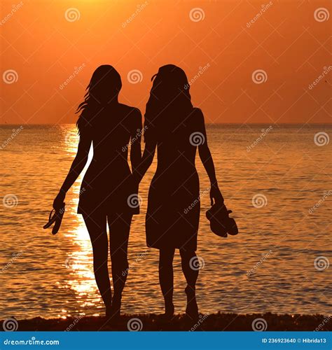Silhouette Of Two Lesbian Girls On The Beach In Sunset Stock Illustration Illustration Of