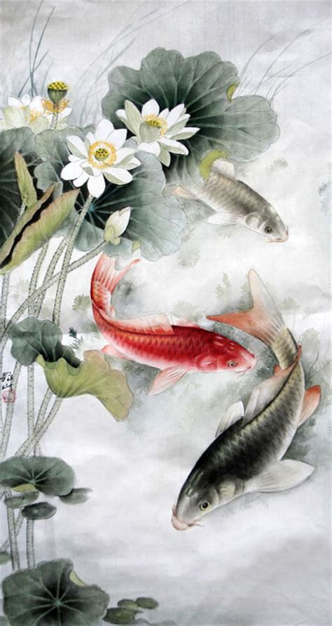 Chinese Koi Fish Painting 0 2379001 69cm X 46cm27〃 X 18〃