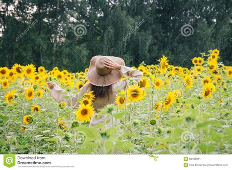 Young Girl In A Hat On A Field Of Sunflowers Stock Photo