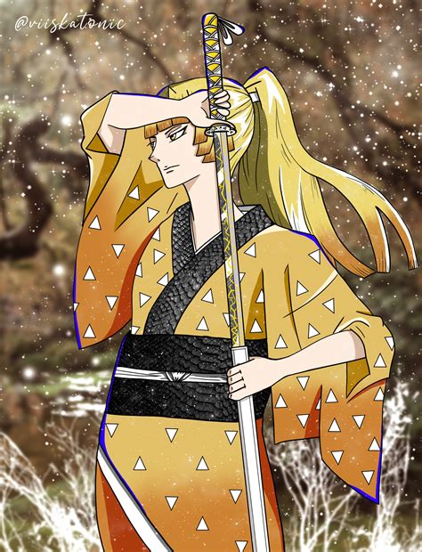 I drew Zenitsu with long hair! (my twitter: @viiskatonic) : KimetsuNoYaiba