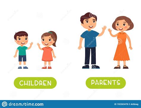 Children And Parents Antonyms Word Card Vector Template Stock Vector