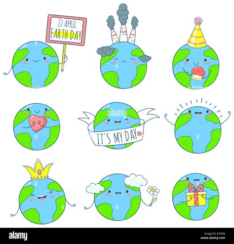 22 April Earth Day Set Of Cute Earth Icons In Kawaii Style With