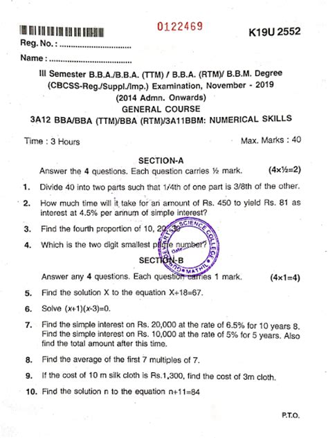 Kannur University B B A B B A Ttm B B A Rtm B B M Numerical Skills