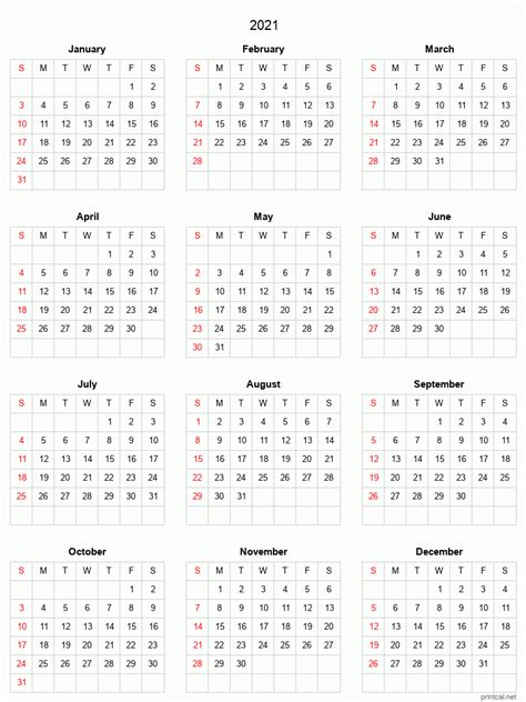 2021 Printable Calendar Full Year Calendar Grid Style