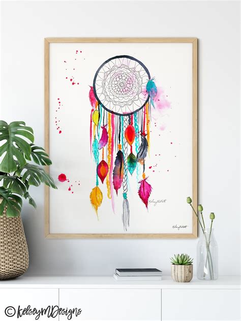 Pink Boho Dream Catcher Wall Art Dreamcatcher Watercolor Etsy