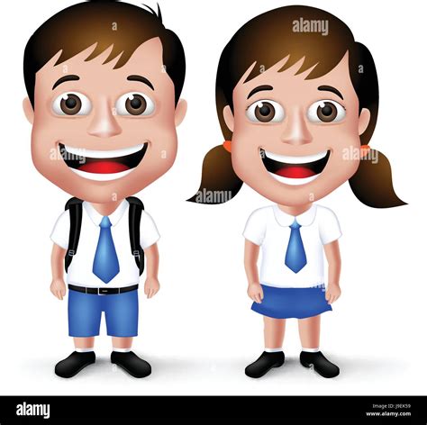 Cute School Boy And Girl Student Characters In School Uniform With