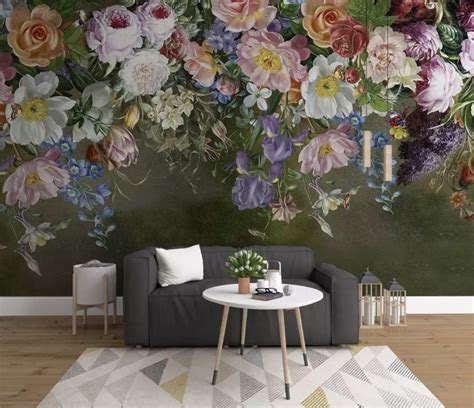 Vintage Colorful Vine Flowers Wallpaper Mural Floral Wallpaper Dark