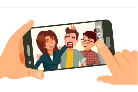 Taking Photo On Smartphone Vector Smiling Friends Taking Selfie