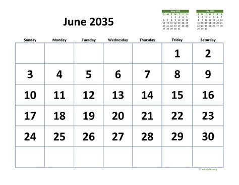 June 2035 Calendar With Extra Large Dates