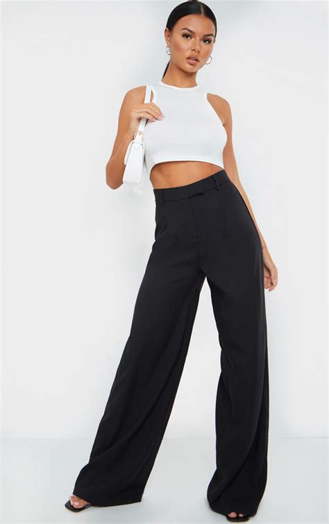 Black Woven Tailored Wide Leg Pants Prettylittlething Aus