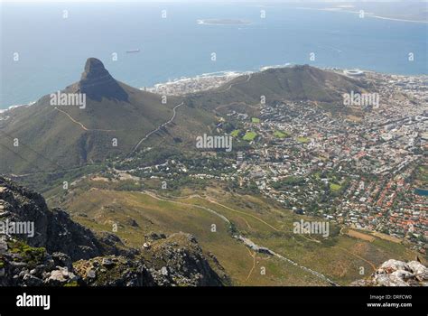 Panoramic View Over Cape Town From Table Mountain The Lions Head Is On