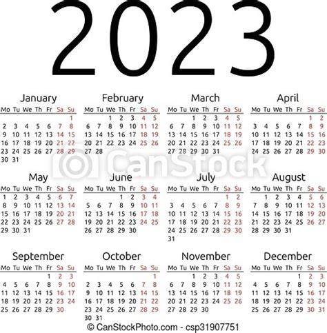 Simple Calendar 2023 Monday Simple 2023 Year Calendar Week Starts On