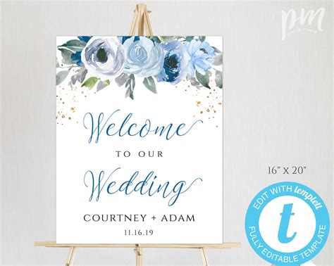 Blue Floral Wedding Welcome Sign Template Welcome Poster Etsy