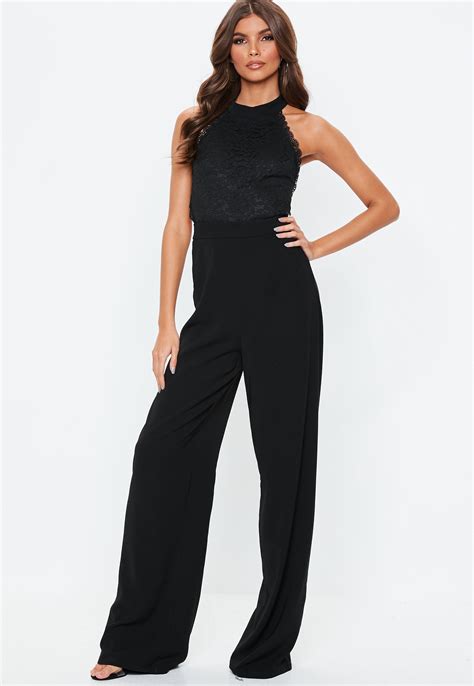 Tall Black Lace Halter Wide Leg Jumpsuit Missguided