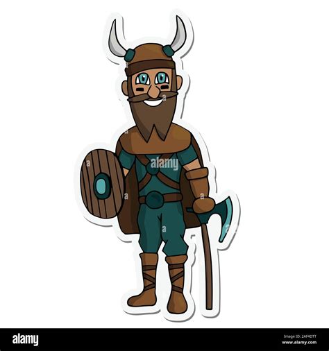 Cartoon Vikingo Con Hacha Escudo Y Pegatina De Barba Fondo Blanco