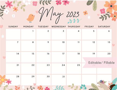 Fillable May 2023 Calendar Cute Printable May Planner Floral Spring